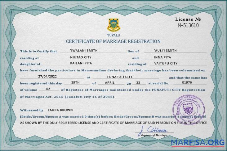 Blank Tuvalu marriage certificate PSD template